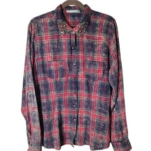 MAURICES Wmns XL Rustic red plaid jeweled collar Snap Shirt Western Rodeo
